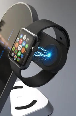 Black multifunctional wireless charging alarm clock dock for phone, Apple Watch, and earbuds.