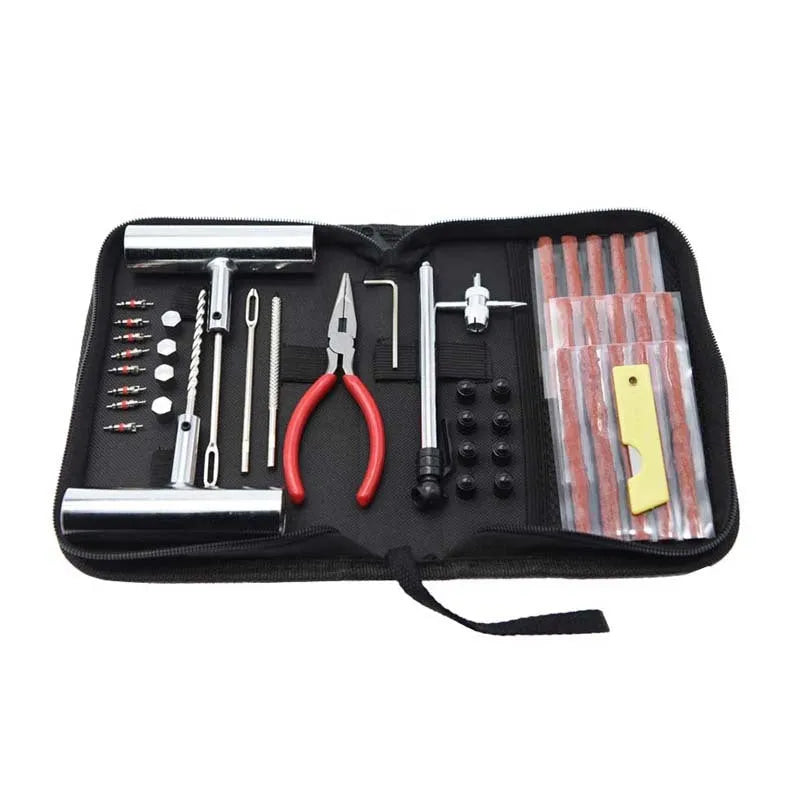43-piece tyre repair kit in cloth bag with 45 steel case measuring 32x20x5cm