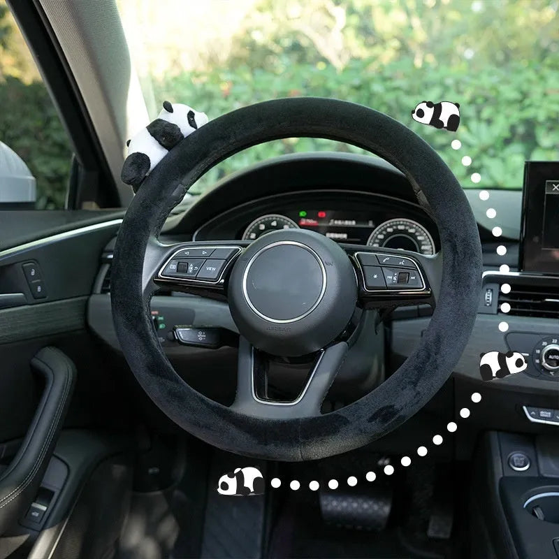 Black plush panda steering wheel cover with matching shoulder pad for 38cm diameter wheels