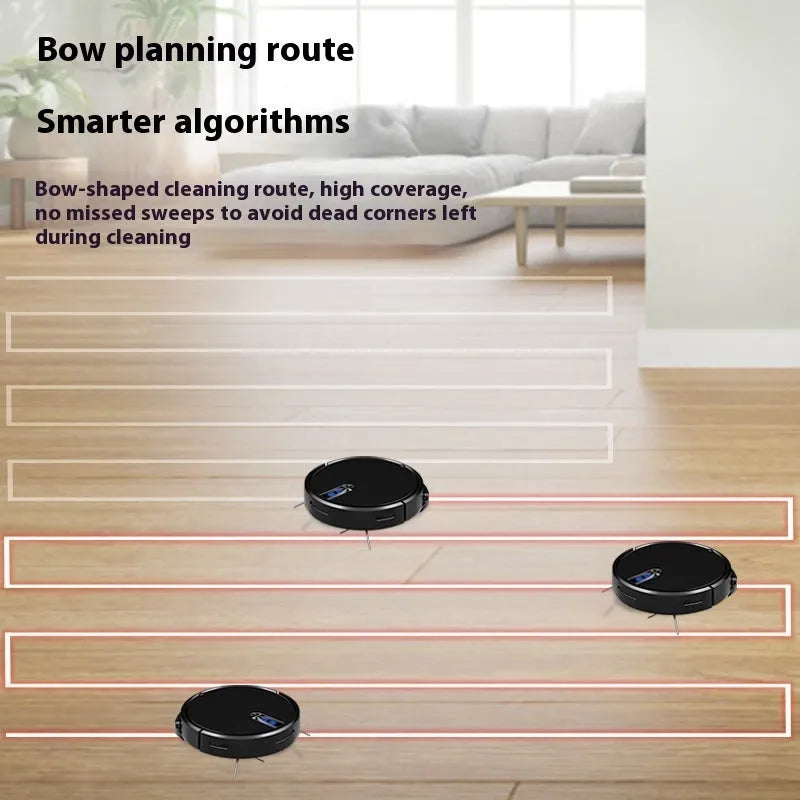 Black or white automatic sweeping robot vacuum cleaner with remote control on hardwood floor.