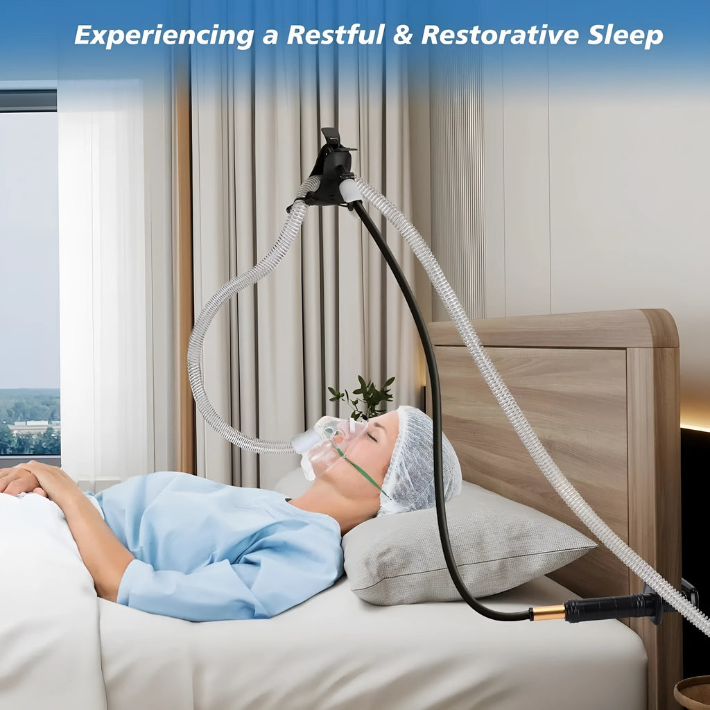 A long, black aluminium alloy ventilator hose bracket for securing medical tubing at a bedside.