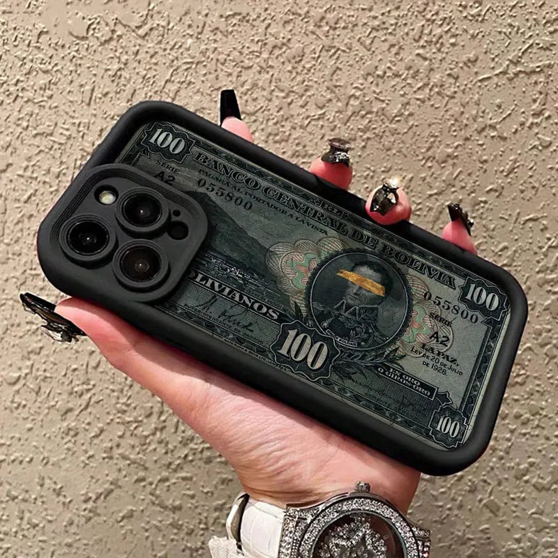 Black silicone phone case with dollar bill illustration for Apple iPhone, airbag anti-fall protection