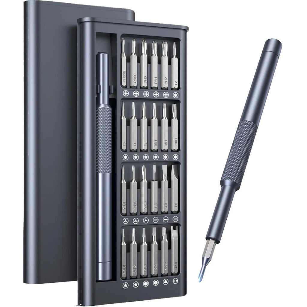 25-in-one precision screwdriver set with knurled black handle and magnetic tip.