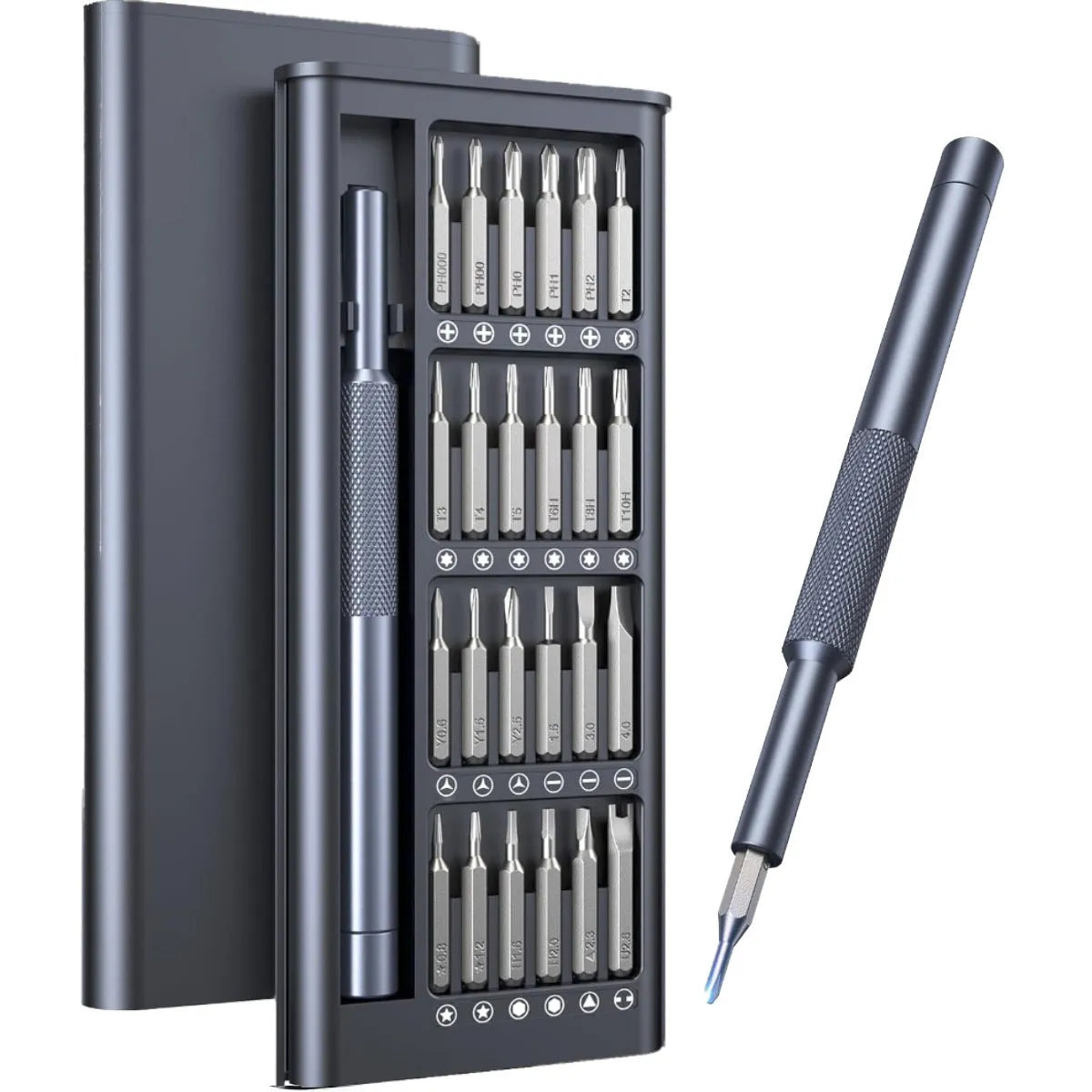 25-in-one precision screwdriver set with knurled black handle and magnetic tip.