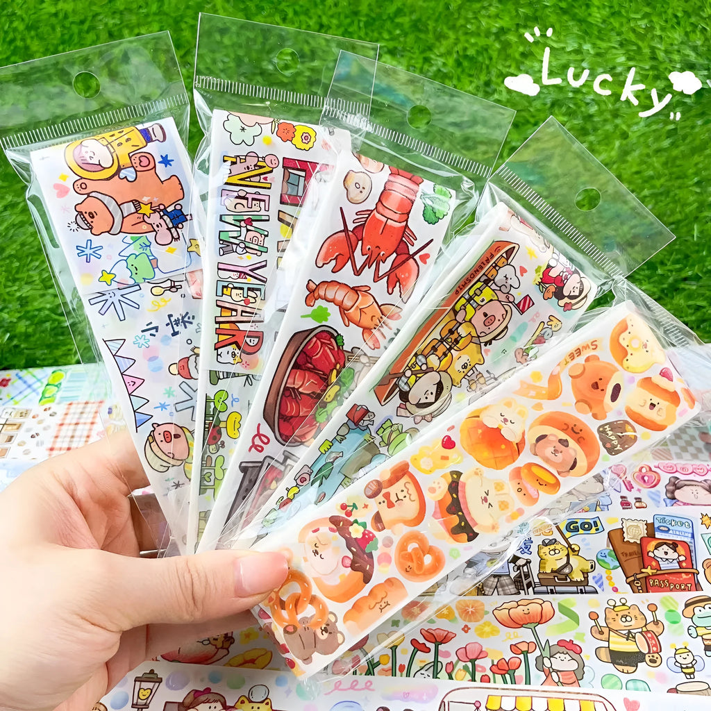 Cute cartoon character sticker on Japanese paper for haemorrhoid tape packaging.