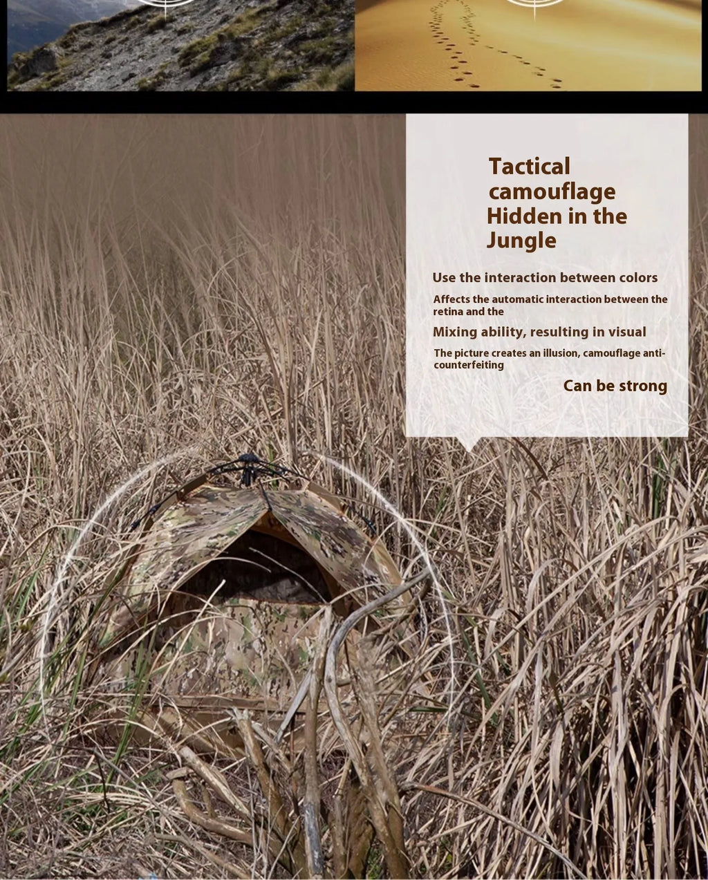 Single soldier camouflage tent shown in outdoor setting with rainproof and sun protection features for camping use