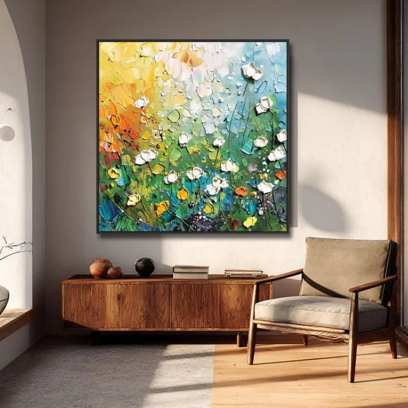 Handmade abstract thick oil 3D palette knife flowers painting on canvas, square format, no frame, multiple colours and sizes