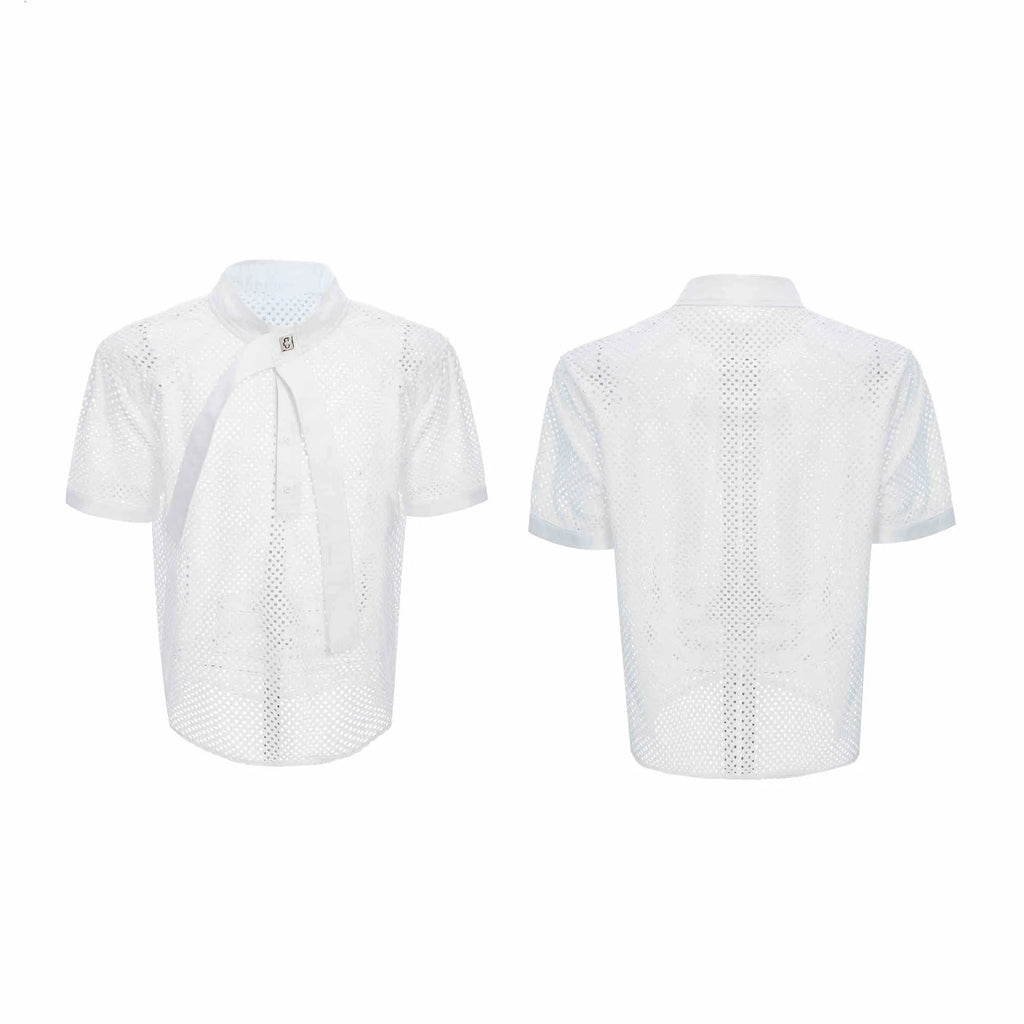 Men's loose short sleeve t-shirt with tie stitching and metal tassel, nylon spandex, black white blue, M L XL
