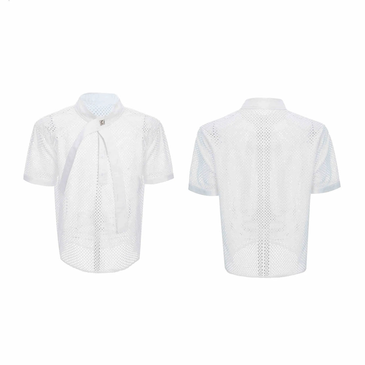 Men's loose short sleeve t-shirt with tie stitching and metal tassel, nylon spandex, black white blue, M L XL