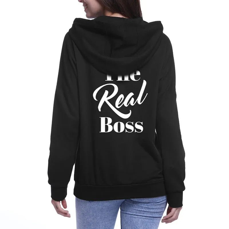 Black couple hoodie pullover with side pocket on model, loose fit polyester fiber casual sweater