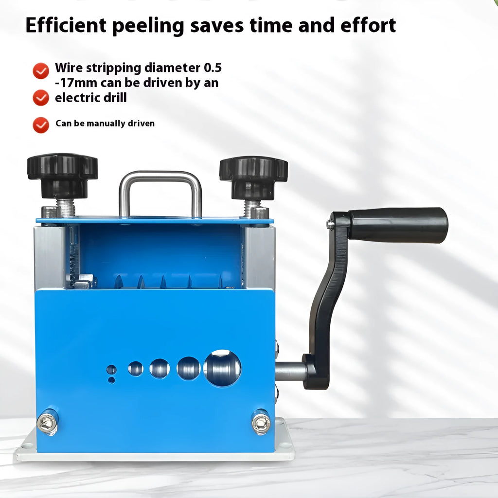 SD-017 manual wire stripping machine on a workbench, showing adjustable blades for 0.5-17mm wires.