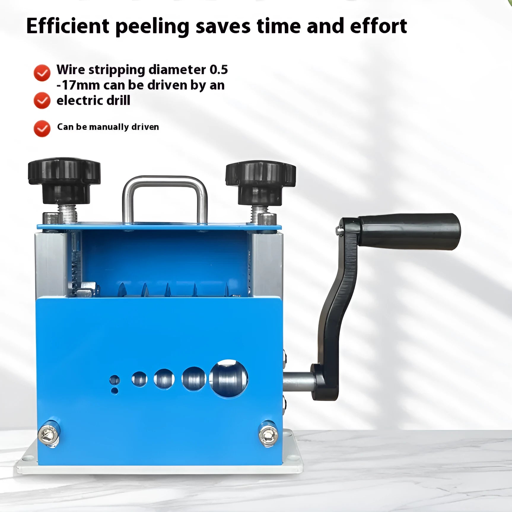 SD-017 manual wire stripping machine on a workbench, showing adjustable blades for 0.5-17mm wires.