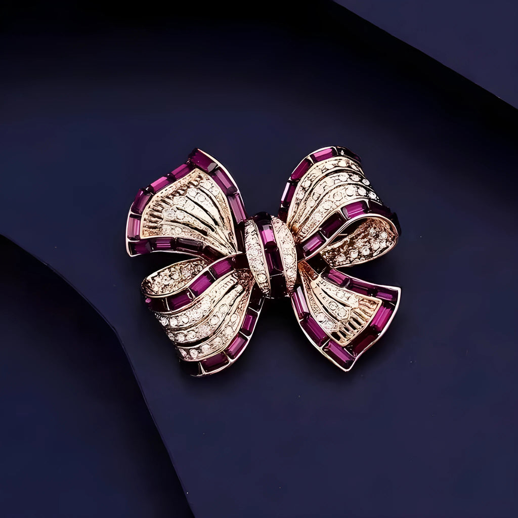 Purplish red or blue bow-shaped alloy brooch for women