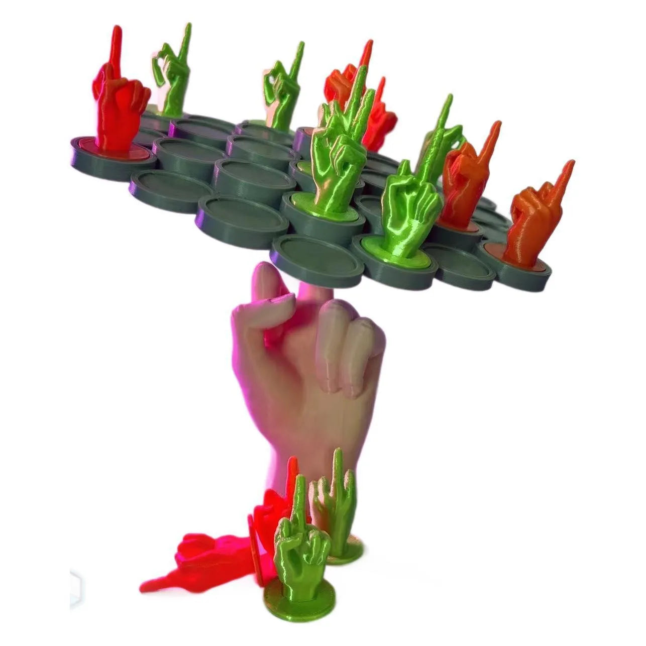 Middle Finger Balance Game with 28 PLA pieces in orange and green, arranged on a base for stacking play