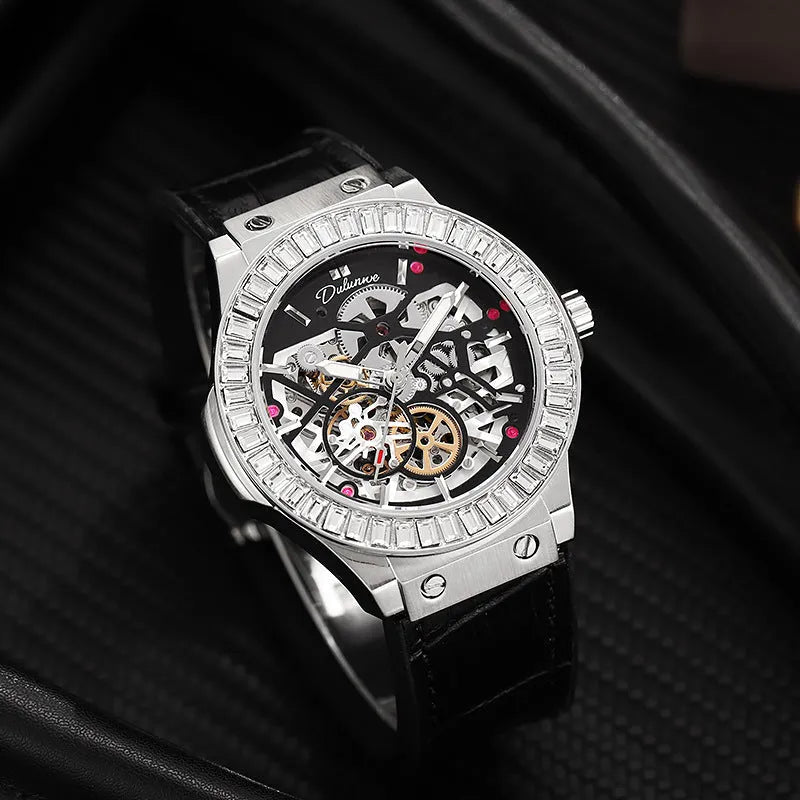 Automatic mechanical men's watch with diamond studs on the bezel and a hollow movement design.