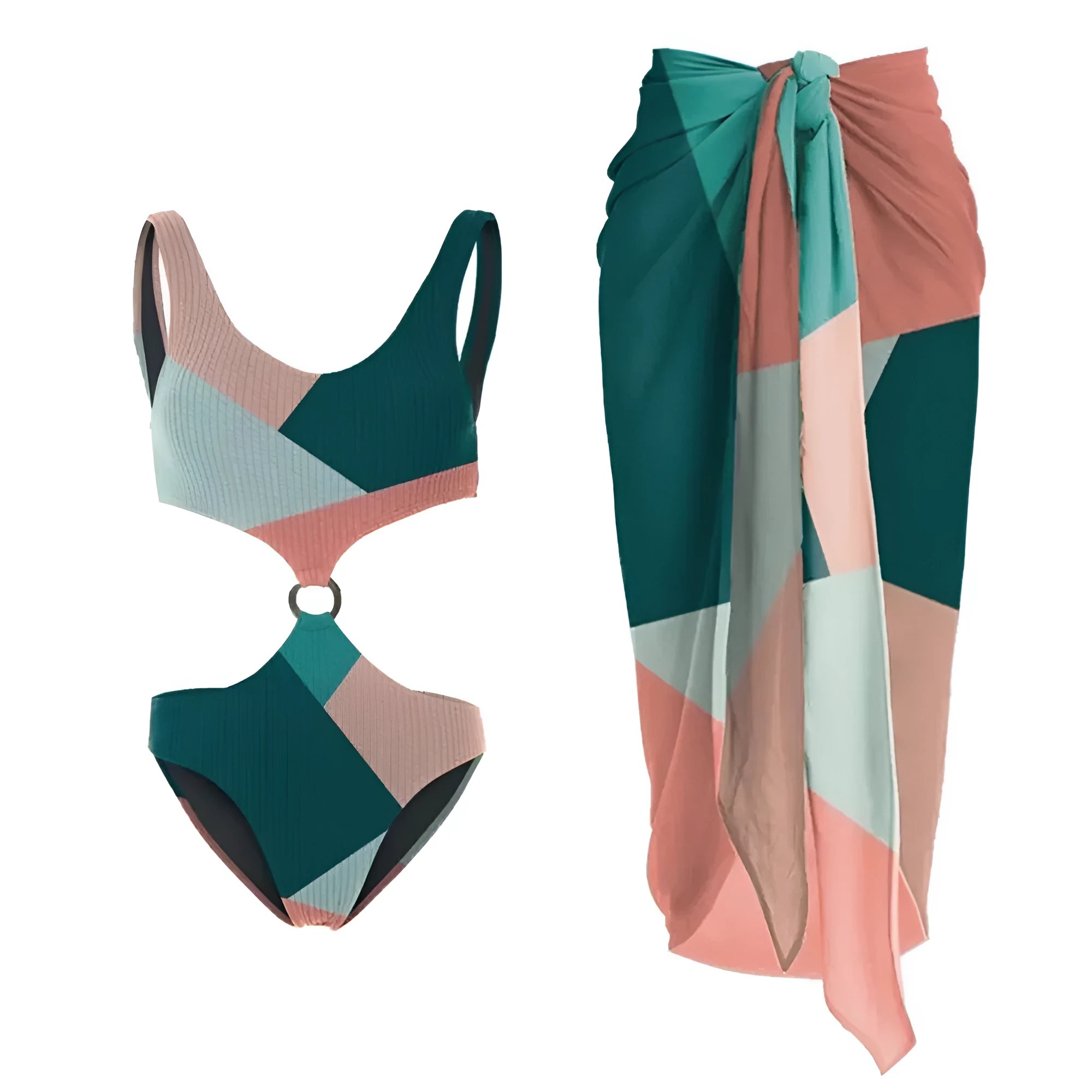 Contrast colour bikini two-piece set with mesh gauze skirt for swimming