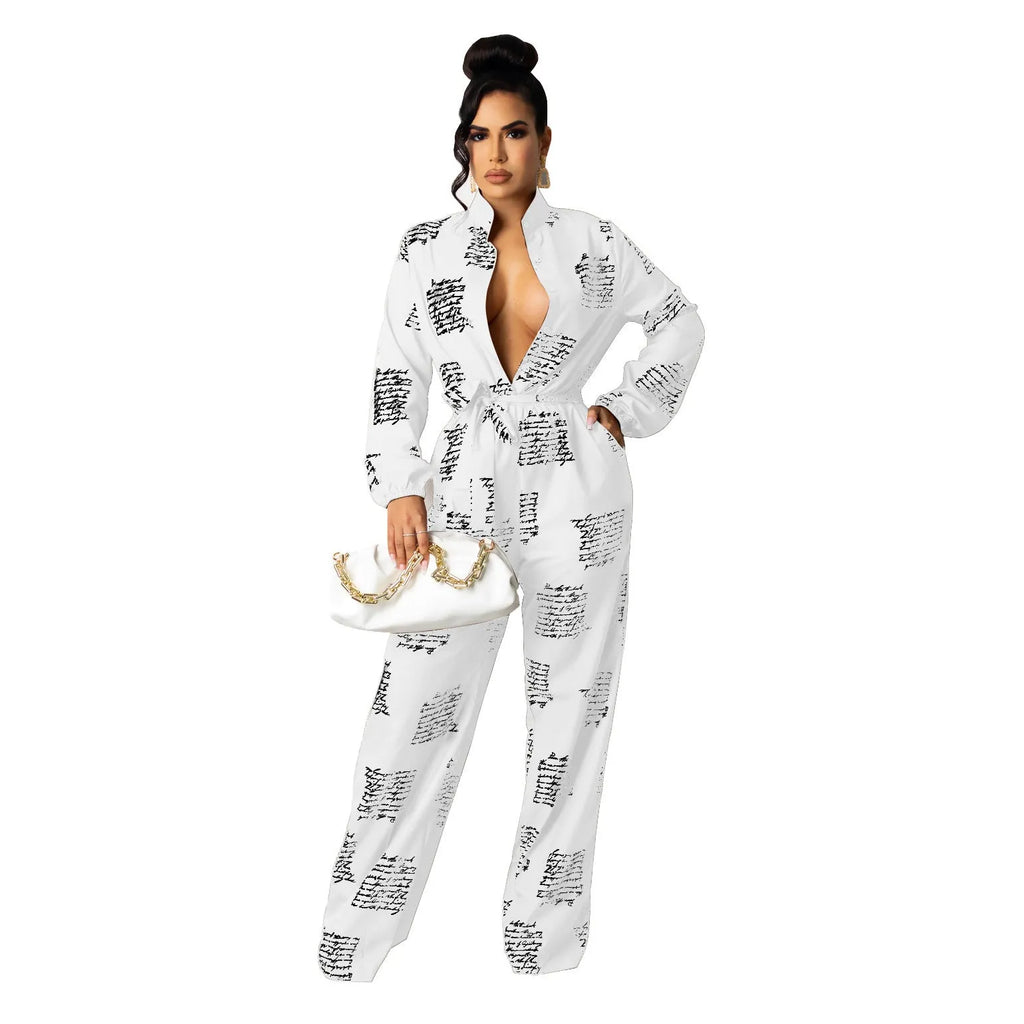Women's loose shirt jumpsuit, long sleeve, printed thin polyester, mid waist, white or brown, sizes S to XXL