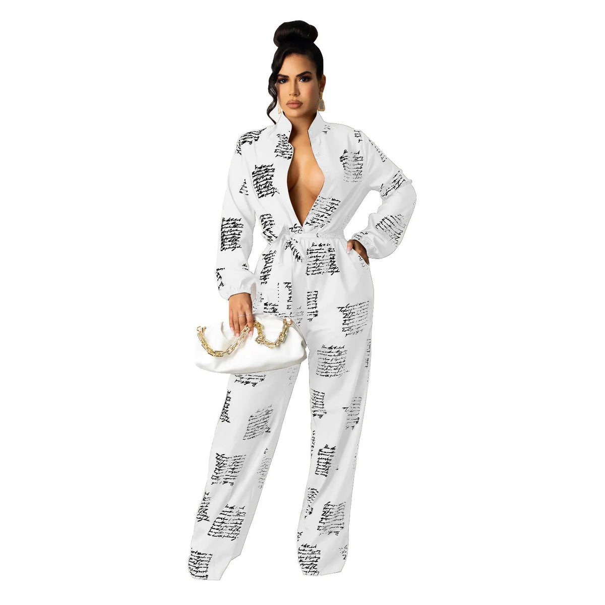 Women's loose shirt jumpsuit, long sleeve, printed thin polyester, mid waist, white or brown, sizes S to XXL