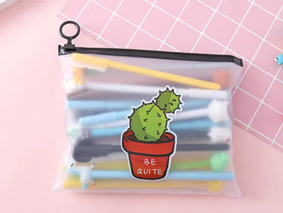 Marvel cactus cartoon design plastic pen case open to show twenty black gel pens with 0.5mm tips.