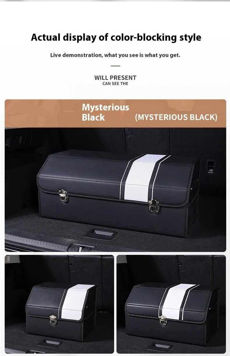 Foldable leather car storage box with waterproof finish, Extra Large option, shown in black colour