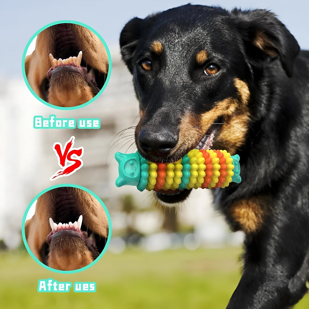 Blue caterpillar-shaped dog chew toy made from natural rubber for aggressive chewers.