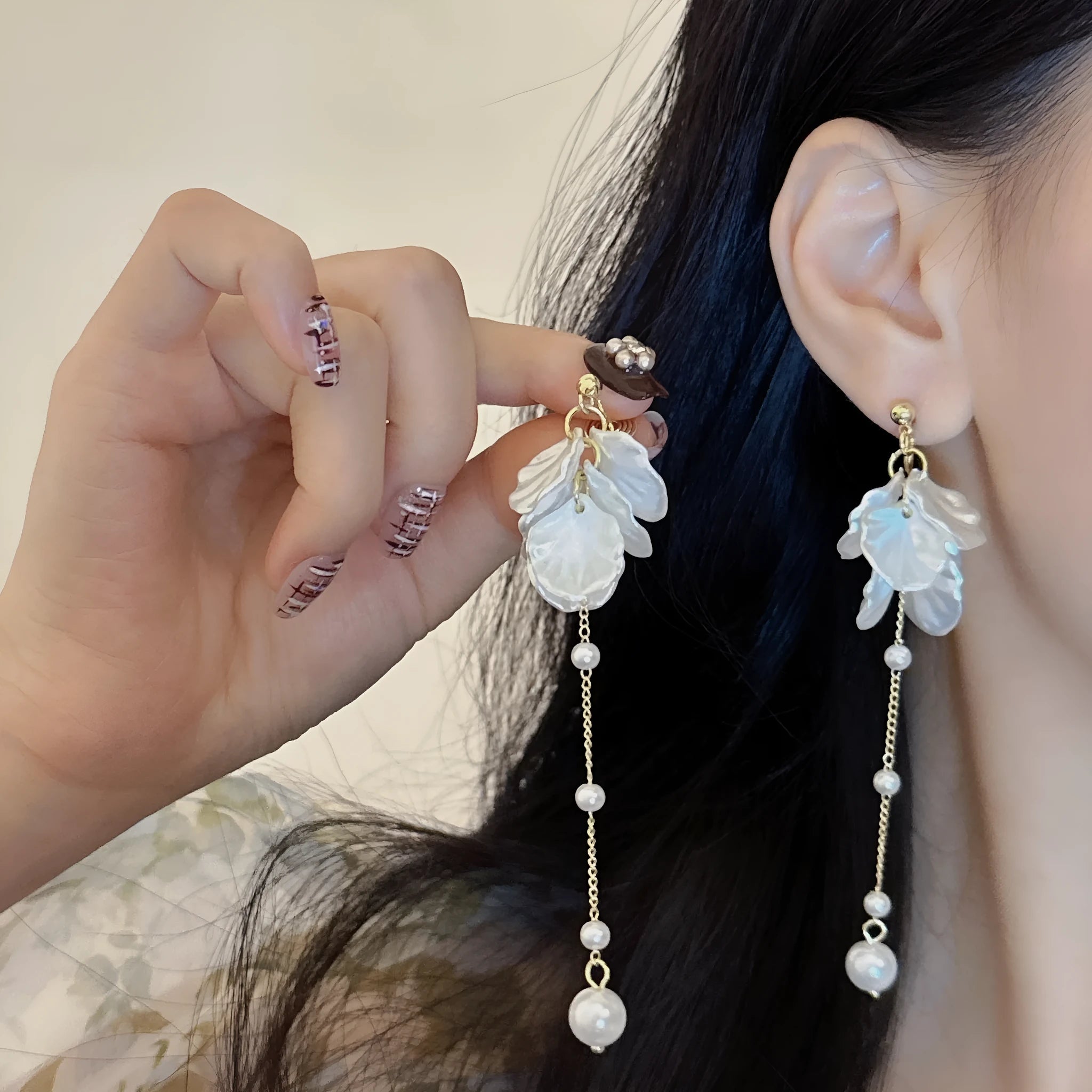 Women's shell pearl and tassel drop earrings with 8.8cm length on acrylic backing