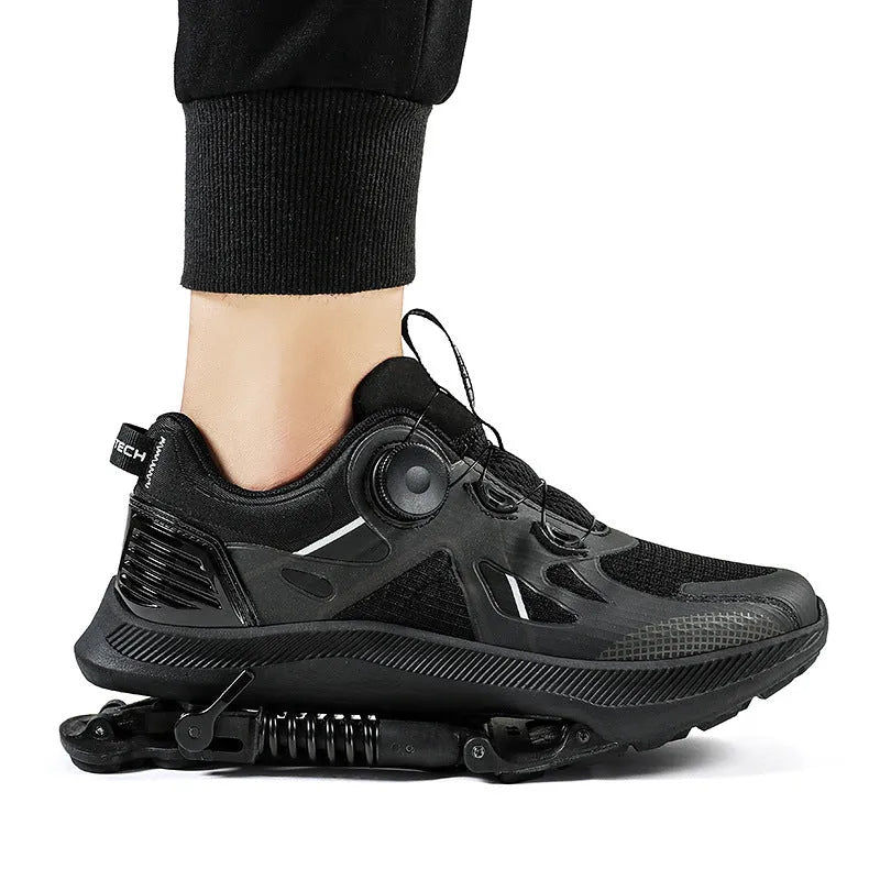 Black unisex running shoes with mesh upper, rubber EVA sole, and lace buckle closure.