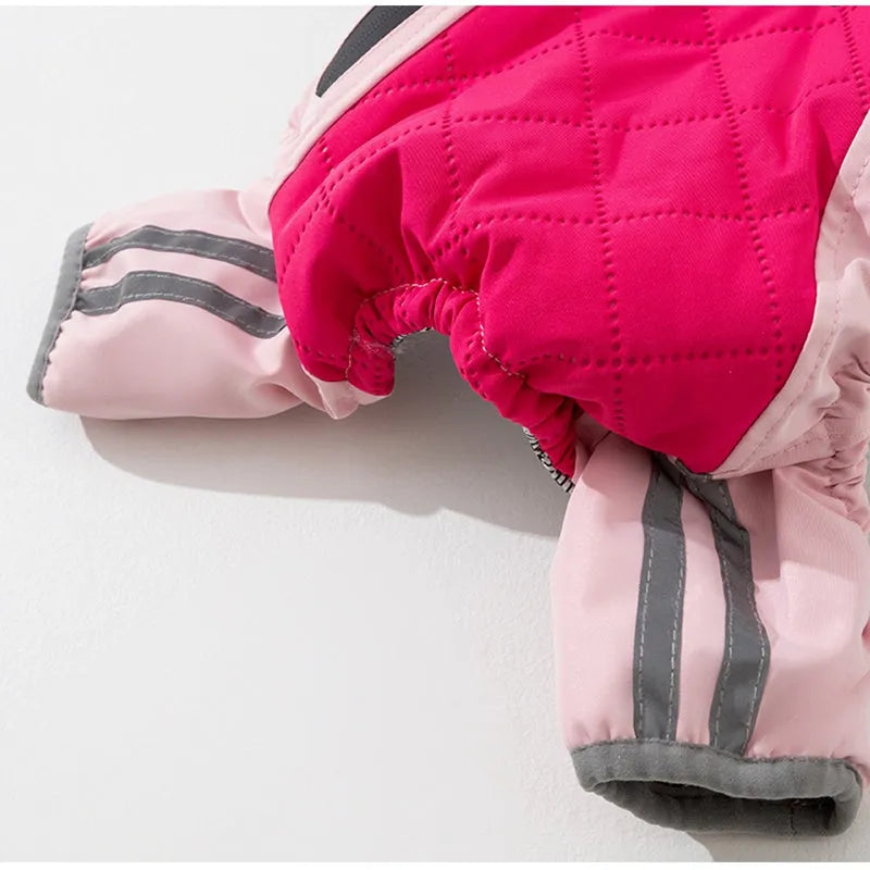 Red dog down jacket with fleece lining for small breeds, four-legged cotton design, side view on white background