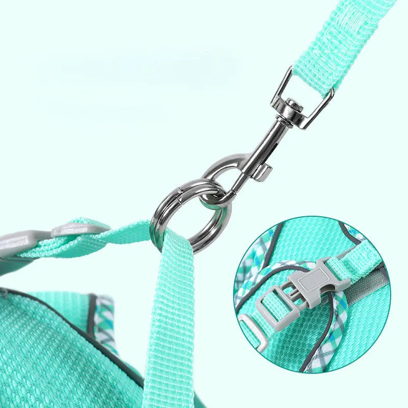Step-in dog harness with leash showing breathable mesh and reflective vest design
