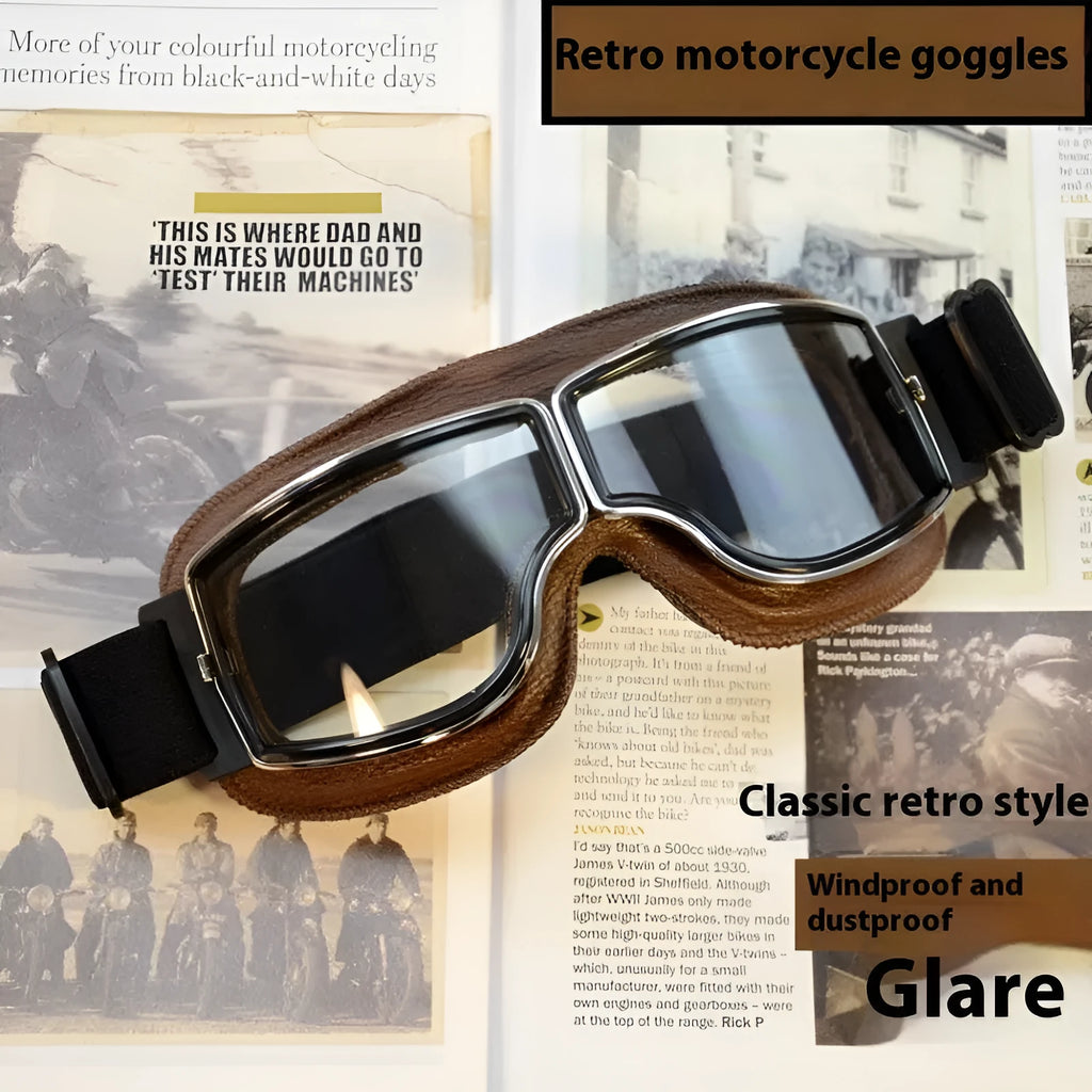 Men's retro outdoor goggles with polypropylene frame and black leather, available in multiple lens colours
