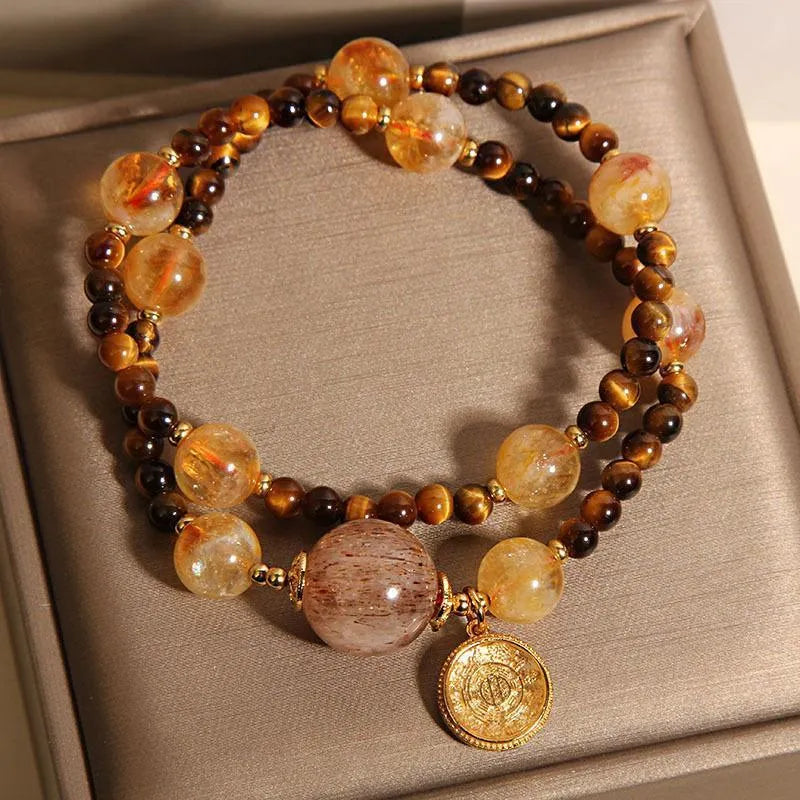 Natural citrine tiger-eye bracelet double circle yellow tower crystal inlaid women's accessory