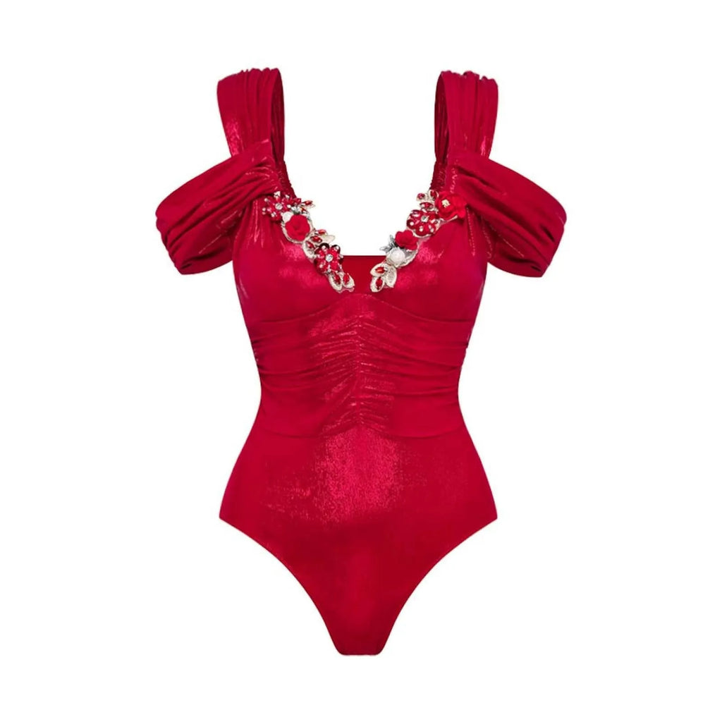 Women's floral swimsuit set with spaghetti straps, one-piece and two-piece options, in pink, red, blue, or gold.