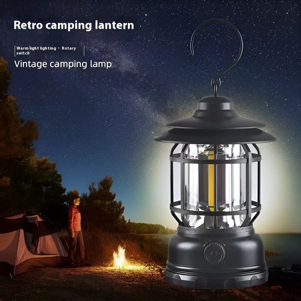 Portable black camping head lamp and lantern with super bright light, shown next to red and dark green colour options.