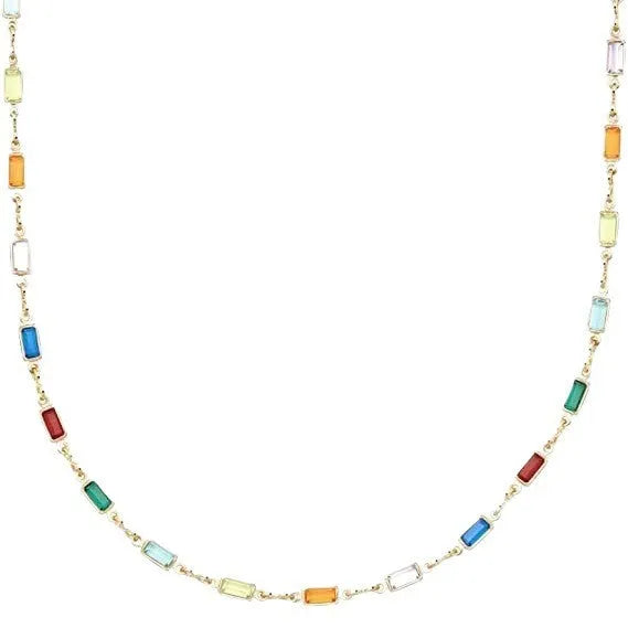 Geometric glass crystal necklace on adjustable alloy chain showing material contrasts