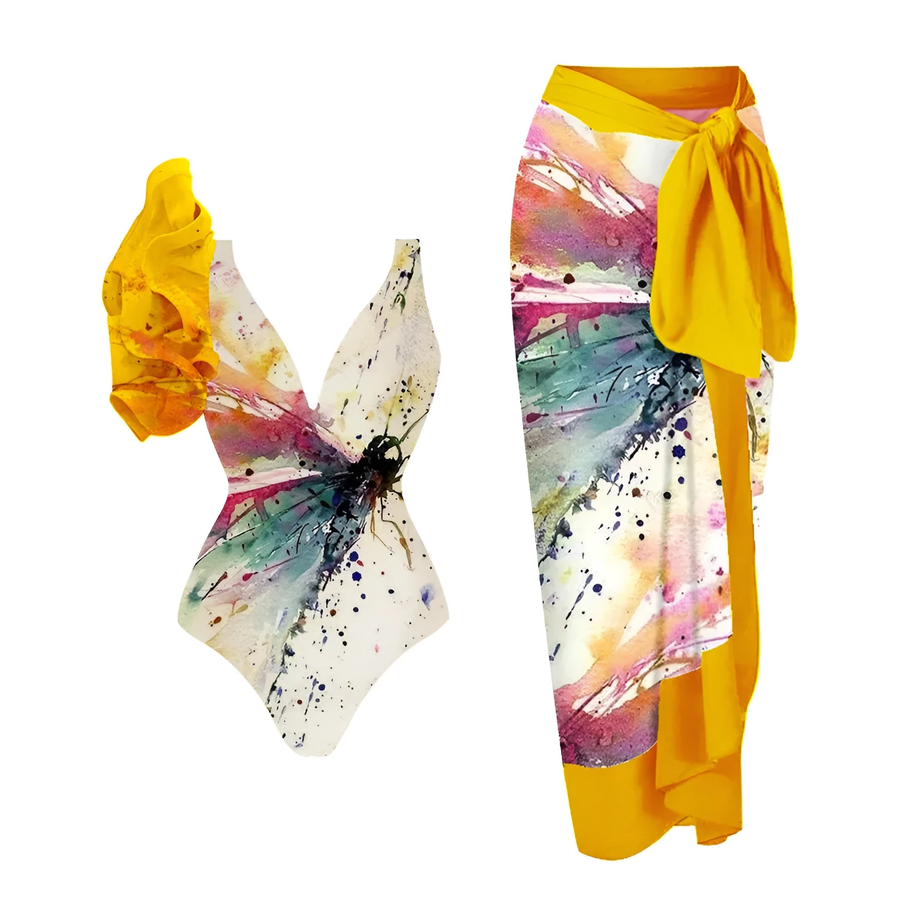 Yellow women's conservative one-piece swimsuit with belly coverage, sleeveless nylon swimwear