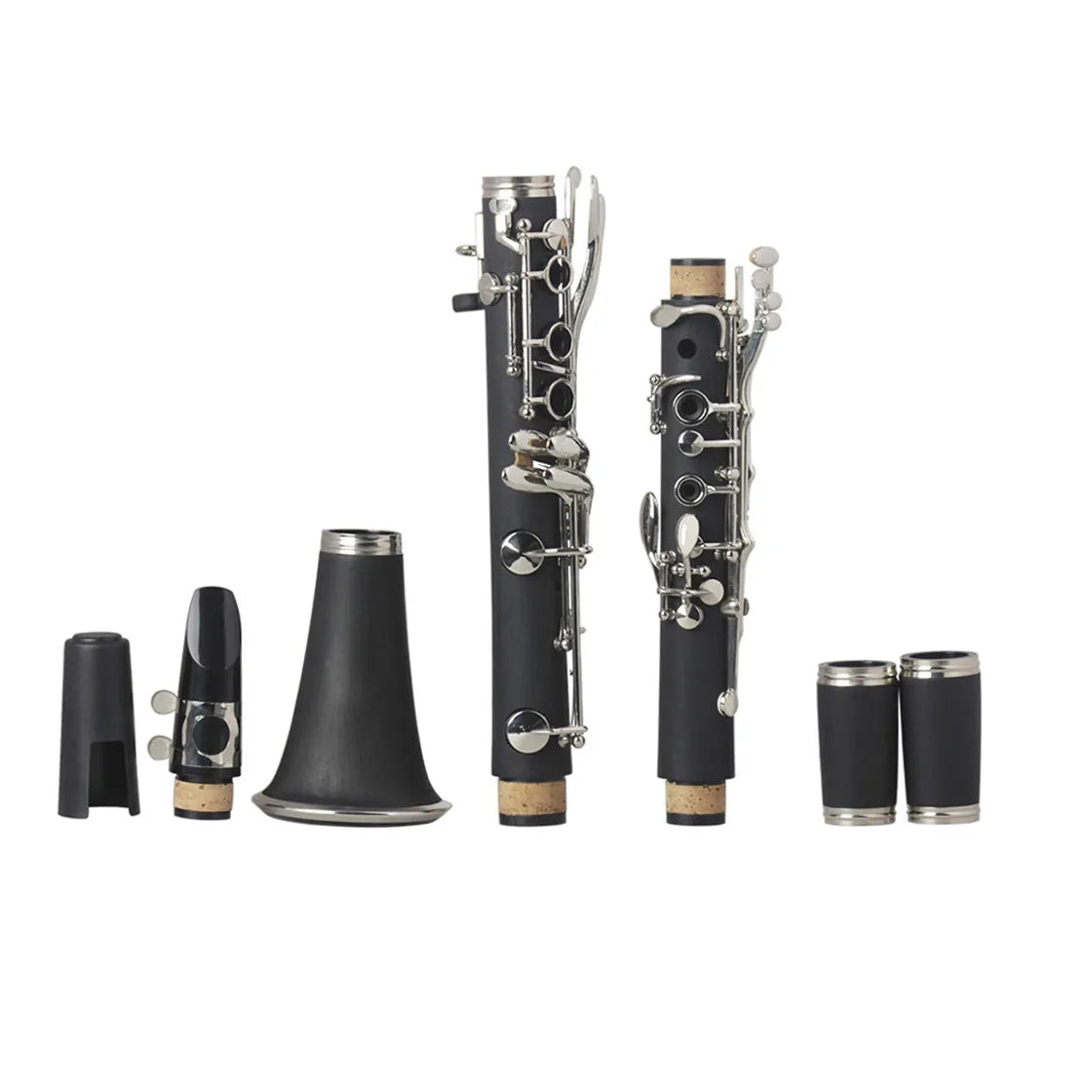 Black bakelite beginner clarinet with silver keys and a carry bag