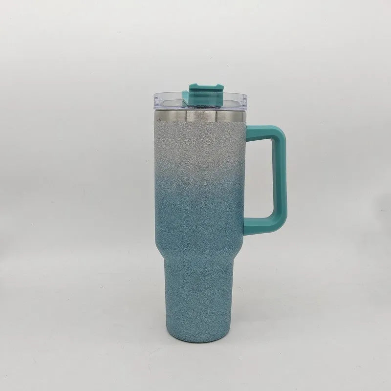 Stainless steel vacuum insulation cup in rainbow gradient colours showing double-layer construction