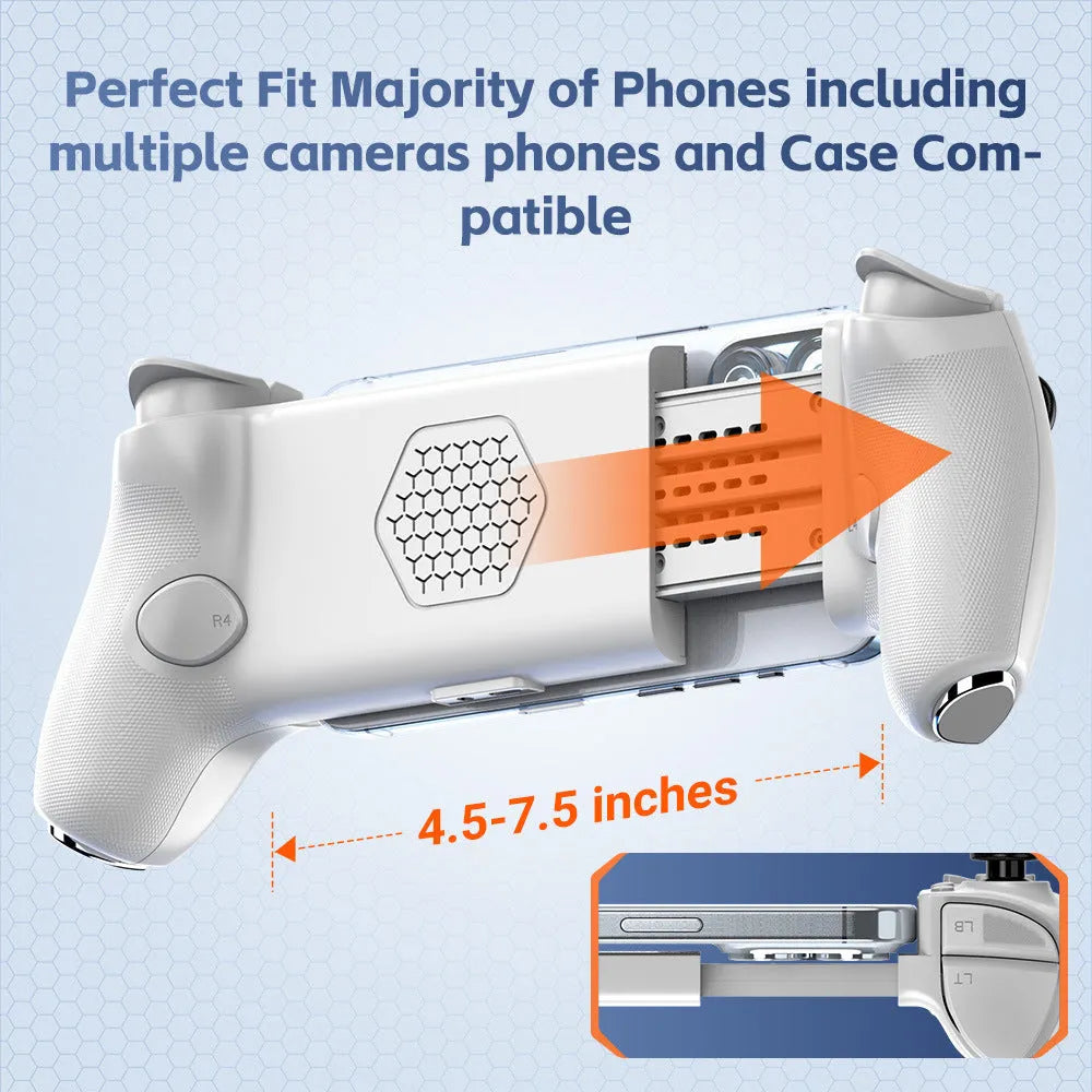 White Type-C and Bluetooth gaming controller with Hall joystick, 115-193mm stretch and anti-slip grip