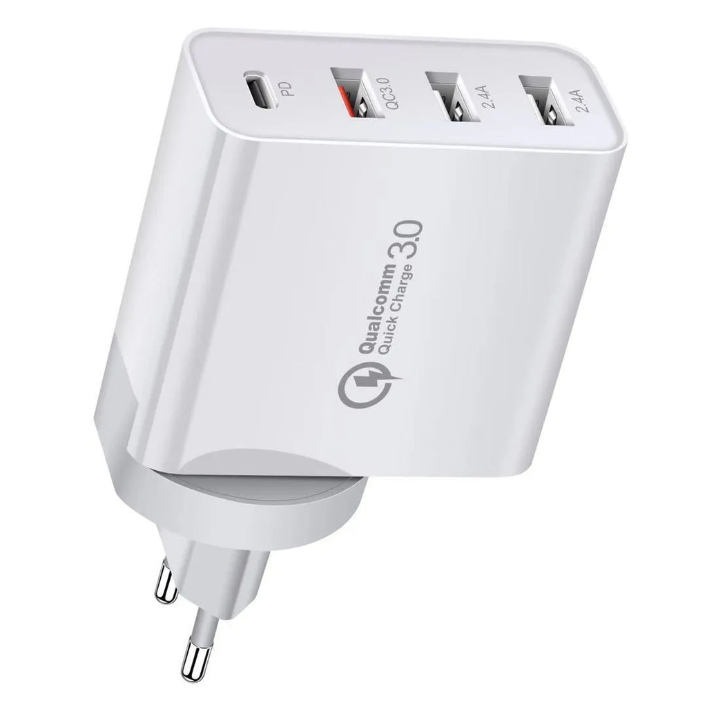 White multi-port USB fast charger with PD QC support on a table.