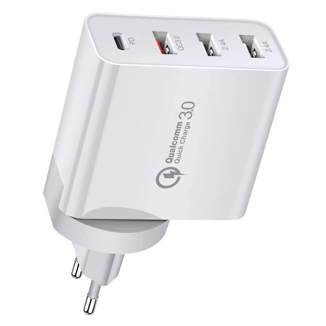 White multi-port USB fast charger with PD QC support on a table.