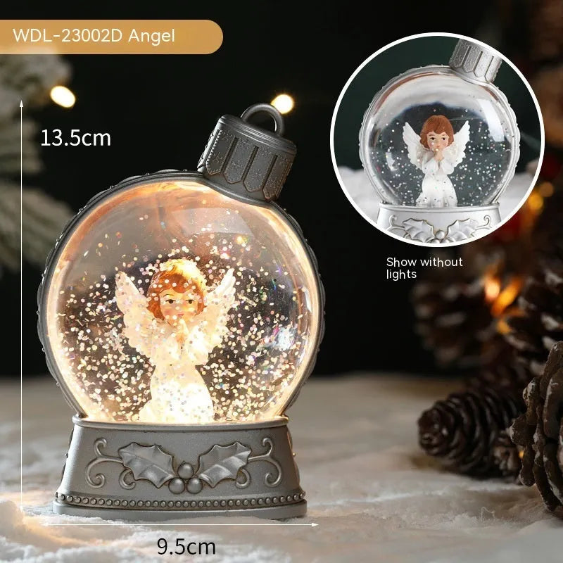 Set of four battery-operated LED Christmas flame light decorations: Old Man, Snowman, Kids Tree, and Angel plastic crafts.