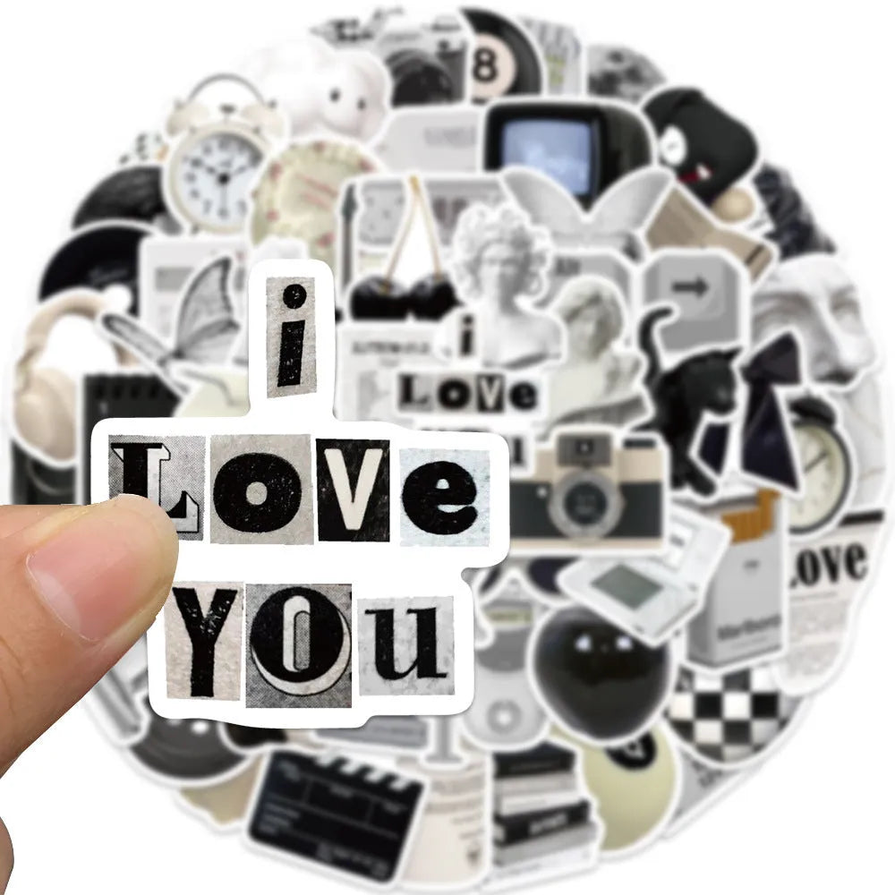 Set of 61 black and white simple style waterproof PVC vinyl stickers for laptops and phones.