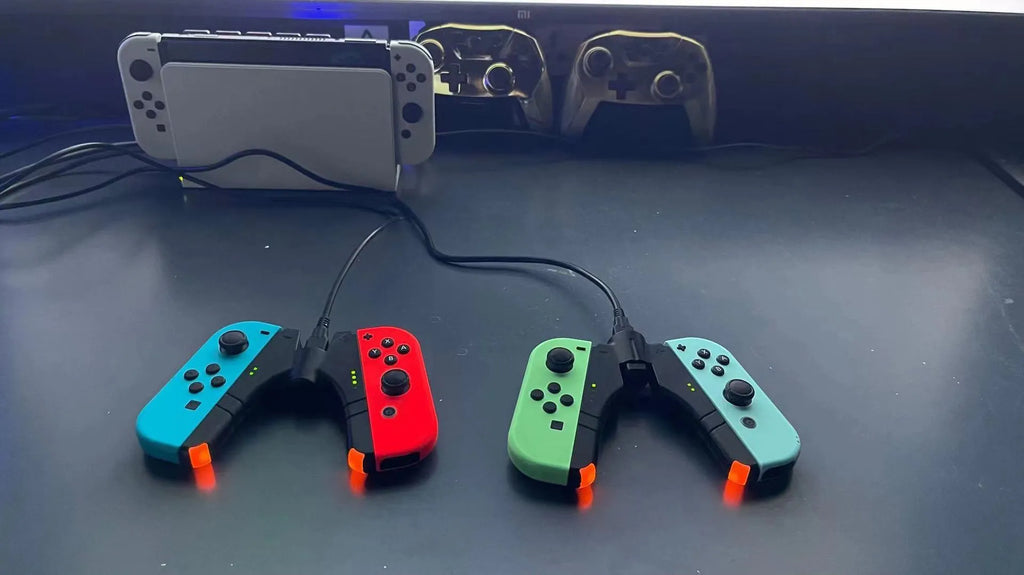 Black ABS four-in-one Joy-Con charger holder with Type-C interface for Switch OLED and Switch rod end.