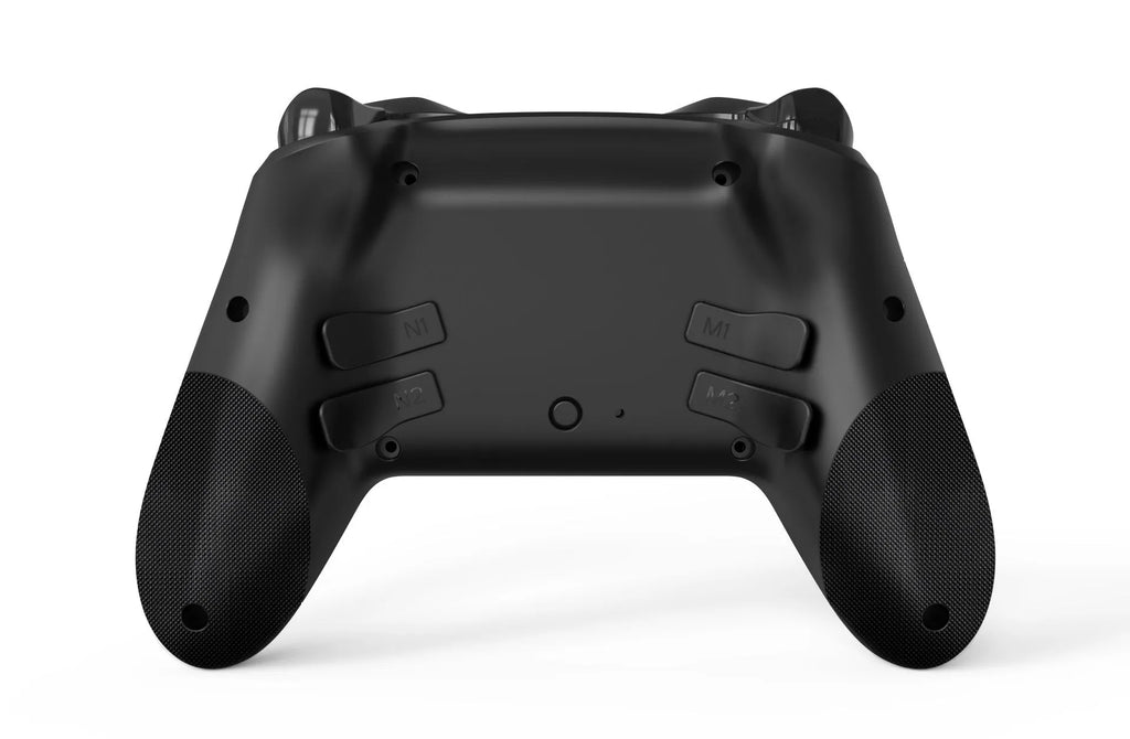 Black wireless game controller with ergonomic handles and leather-like texture, shown with Type-C cable