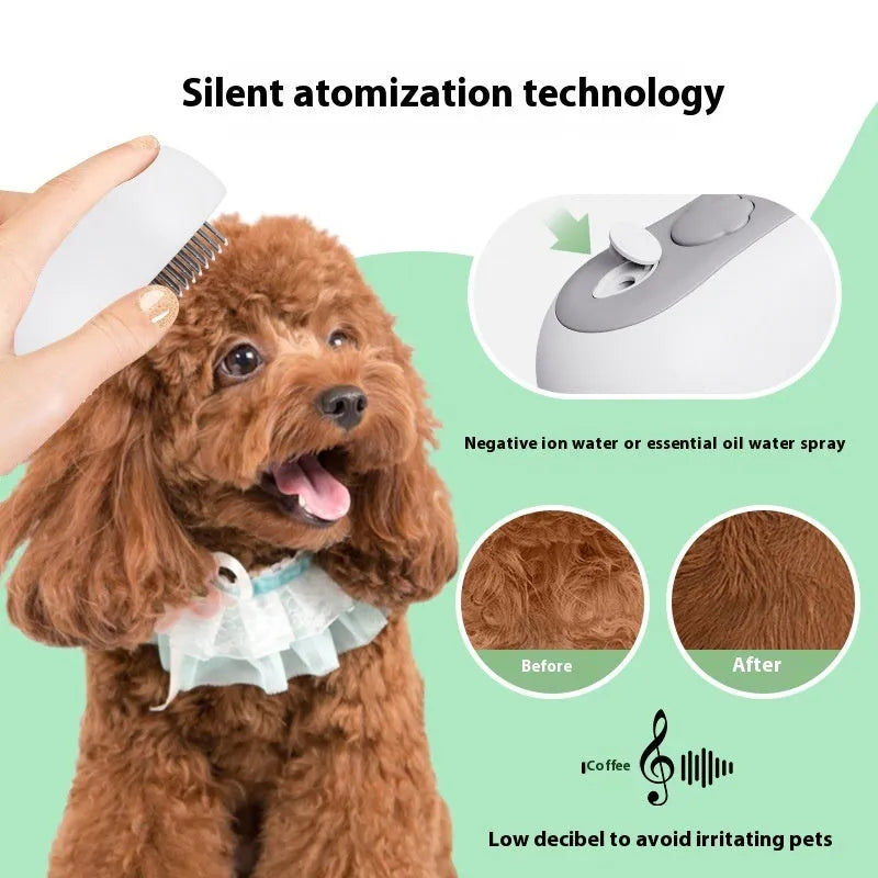 Battery-operated pet massage comb for cats in grey, blue, orange, or beige yellow colours with grooming bristles