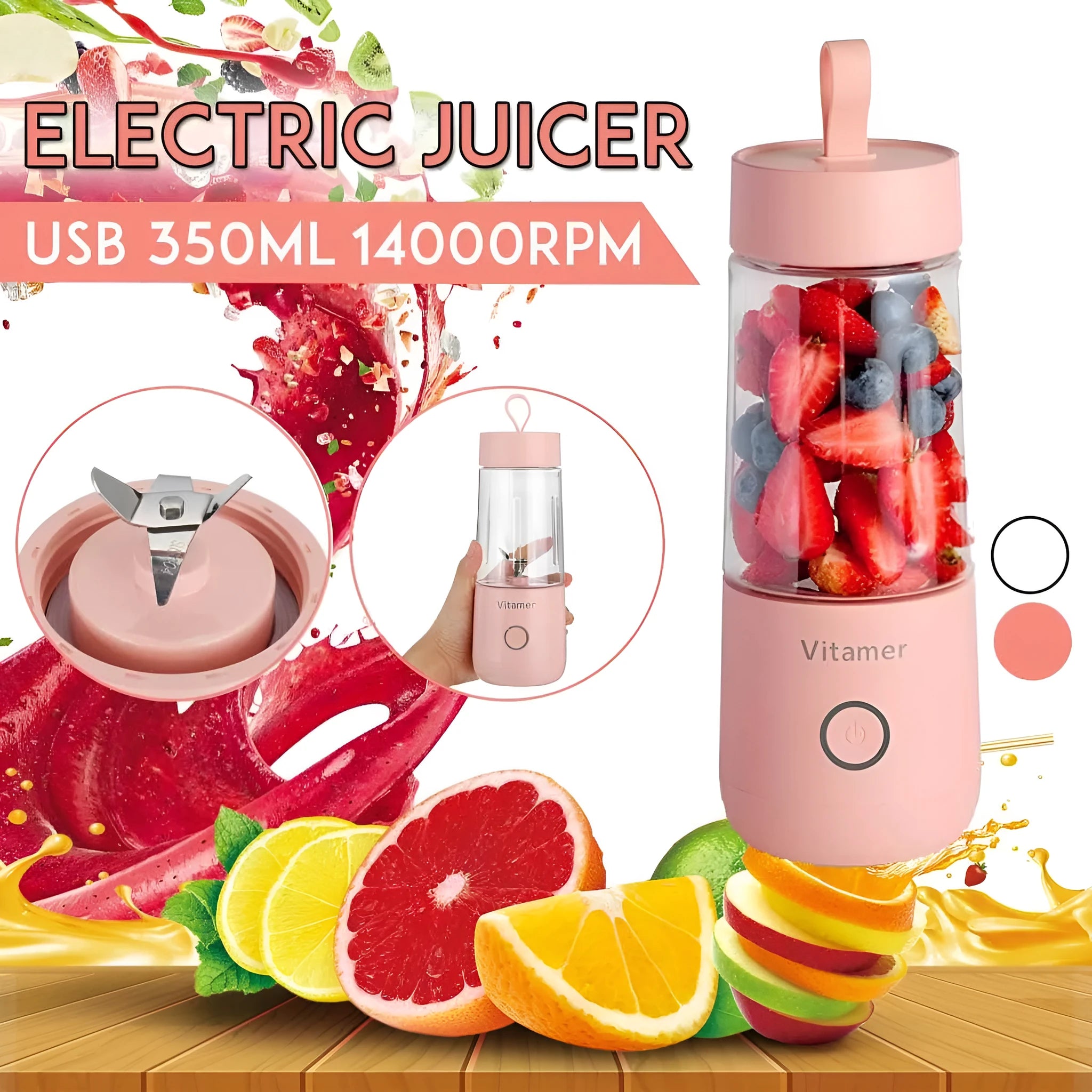 White portable USB blender juicer with 350ml Tritan cup and silicone lifting ring