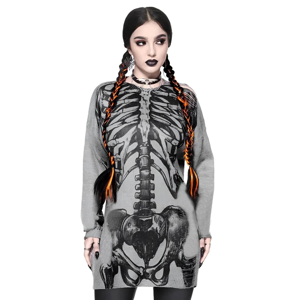 Women's grey viscose knit pullover jumper with long sleeves, loose fit, and character pattern