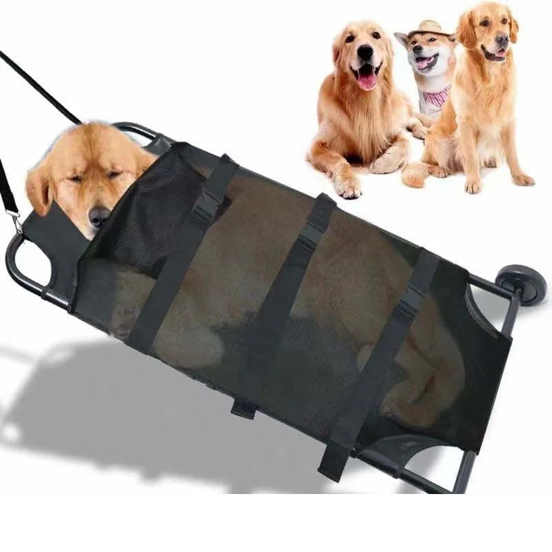 Large black folding aluminium alloy pet stretcher for dogs, shown in a folded and unfolded state.