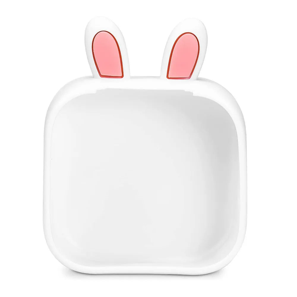 Mini pink Bluetooth thermal printer with rabbit ear protective case and USB cable on a table.