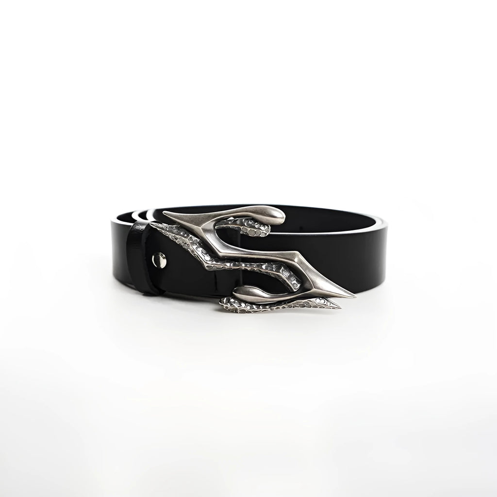 Black men's leather belt with a metal letter buckle, showing the two-layer cowhide construction.